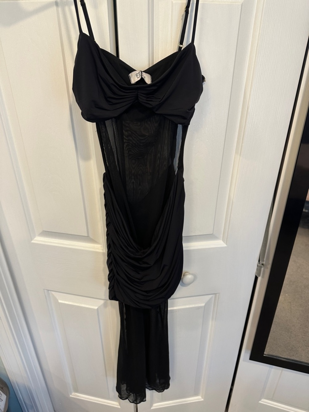 Oh Polly Black Backless Ruched Mesh Evening Dress